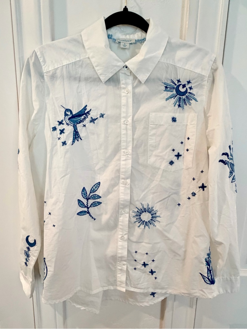 Sundance Celestial and Birds Blue and white embroidered button-down shirt.
